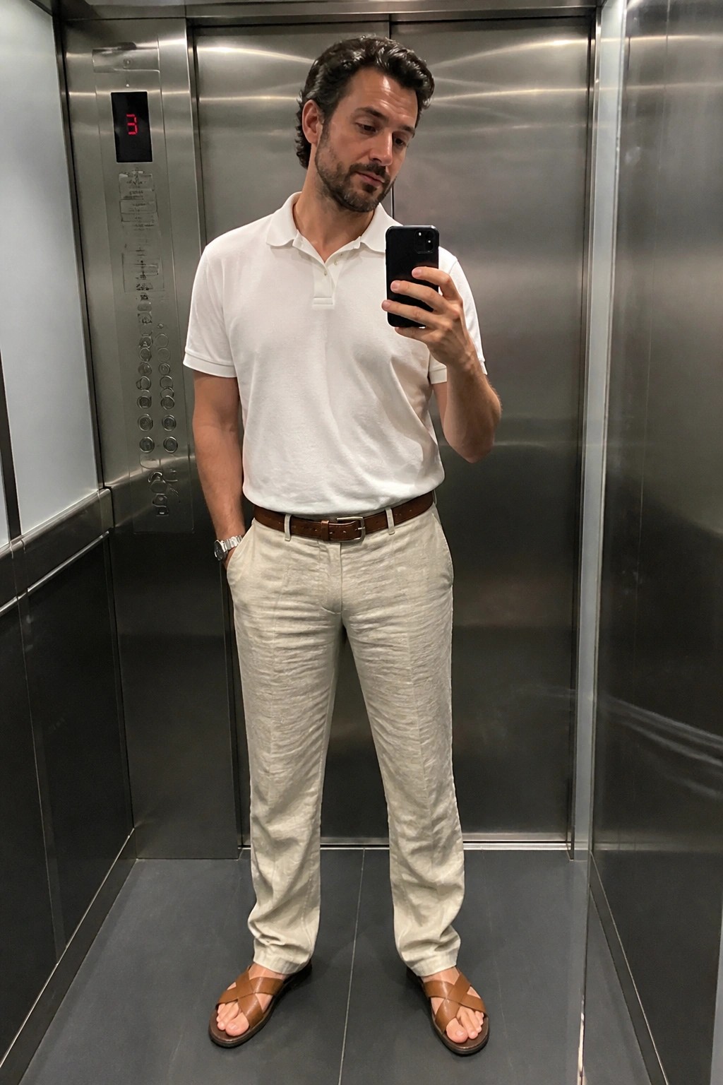 Man in white polo shirt and beige pants taking mirror selfie in elevator