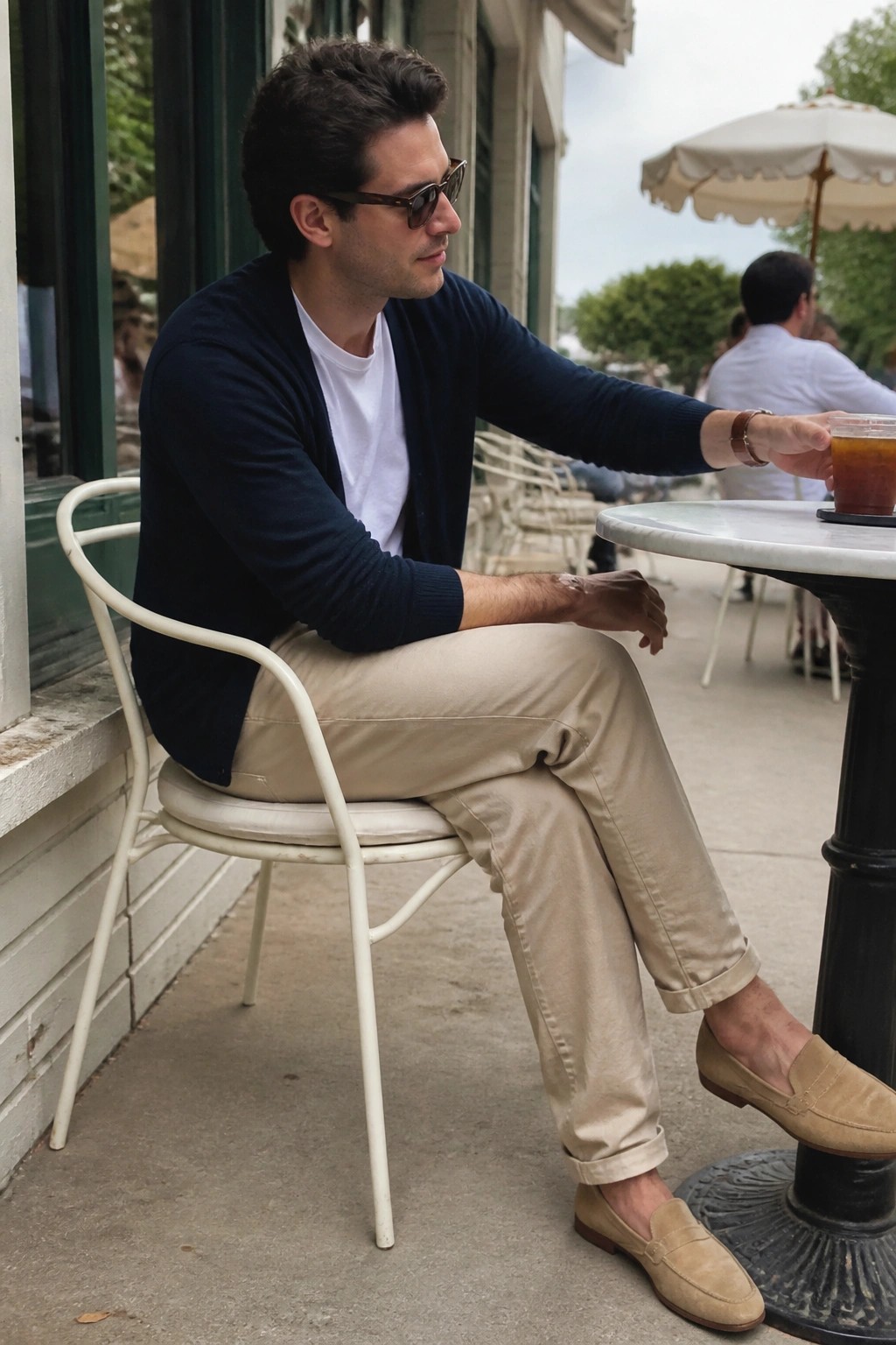 Man in navy cardigan and beige pants reaches for drink at outdoor cafe.