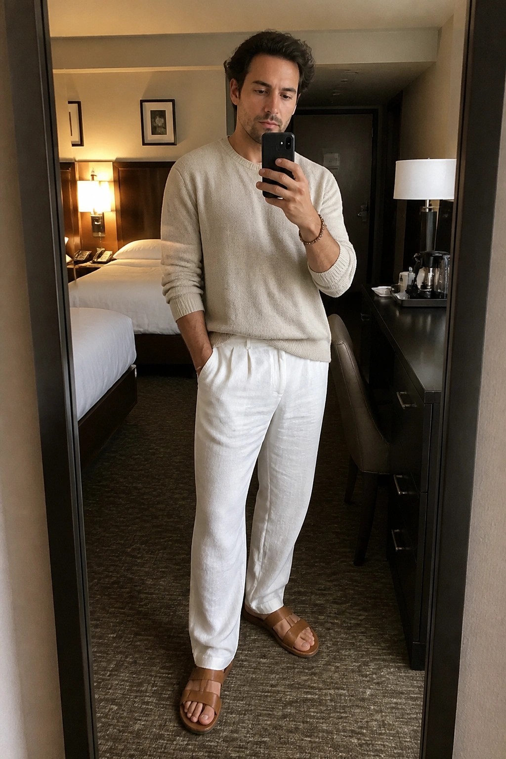Man in beige sweater and white pants taking mirror selfie in hotel room