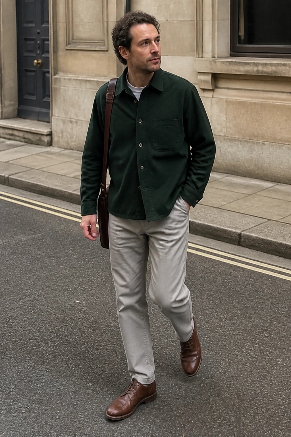 Man in green shirt and beige pants with brown bag on city street