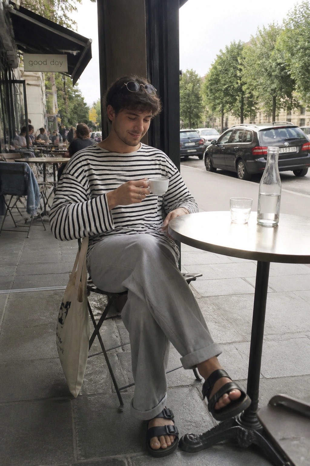 Young man in striped shirt sips coffee at outdoor sidewalk cafe table