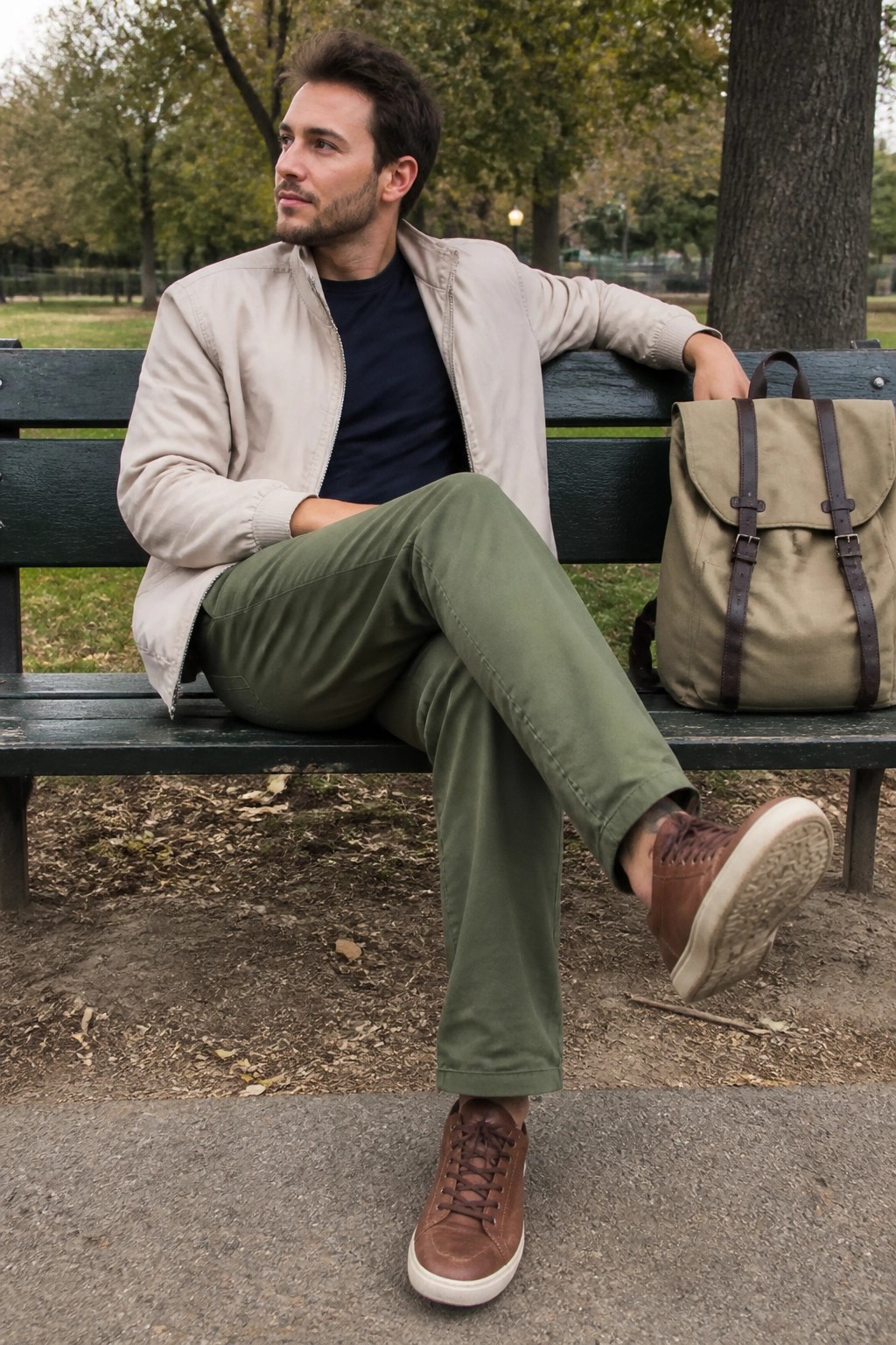 Man in beige jacket and green pants on park bench beside backpack