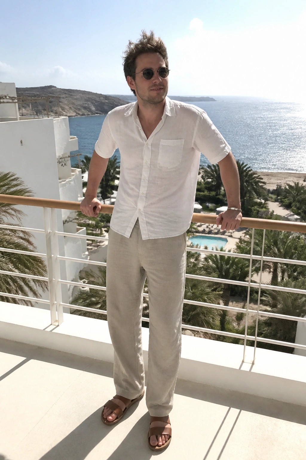 Man in white shirt and beige pants on sunny ocean-view balcony