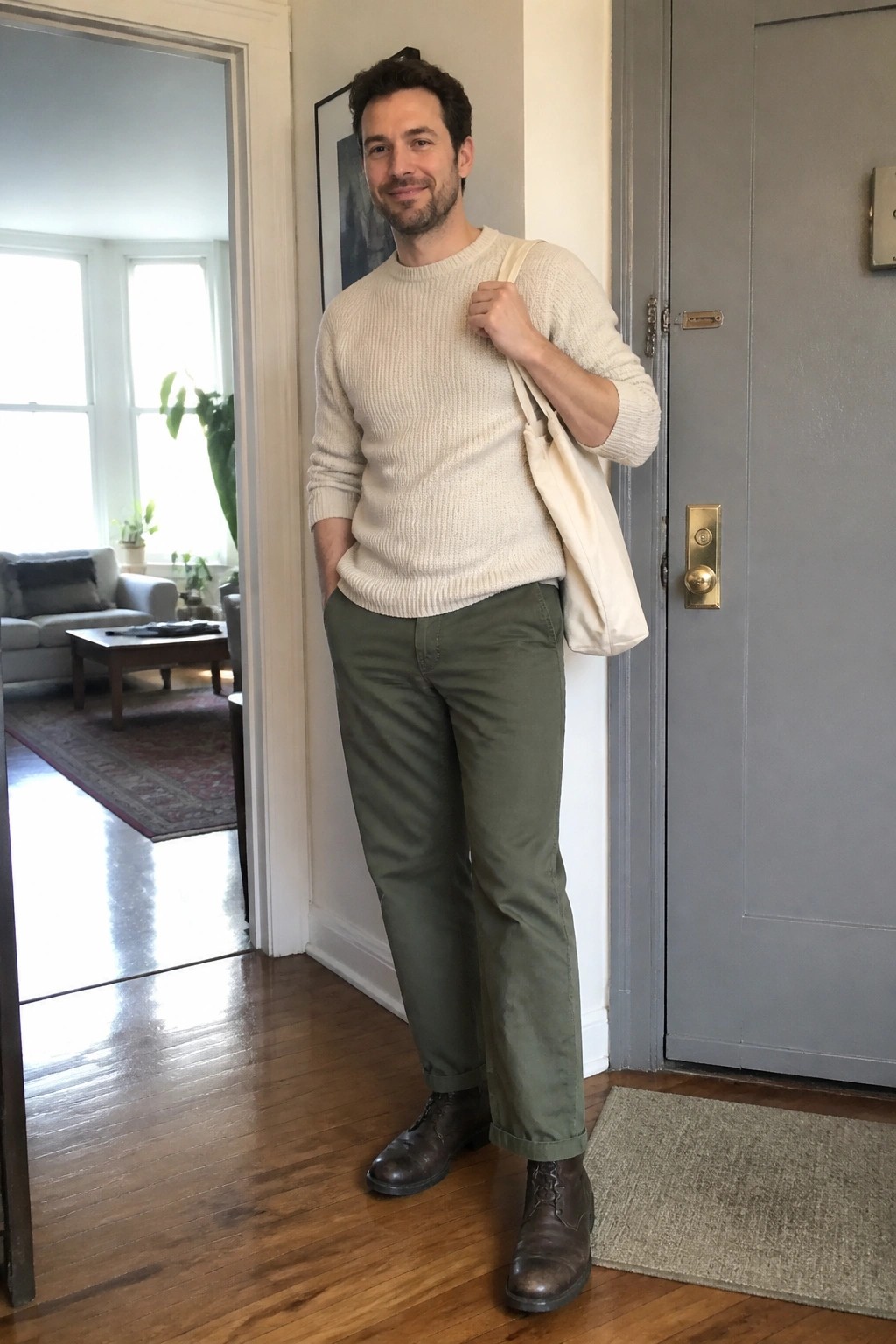 Man in cream sweater and green pants holding tote bag by gray door