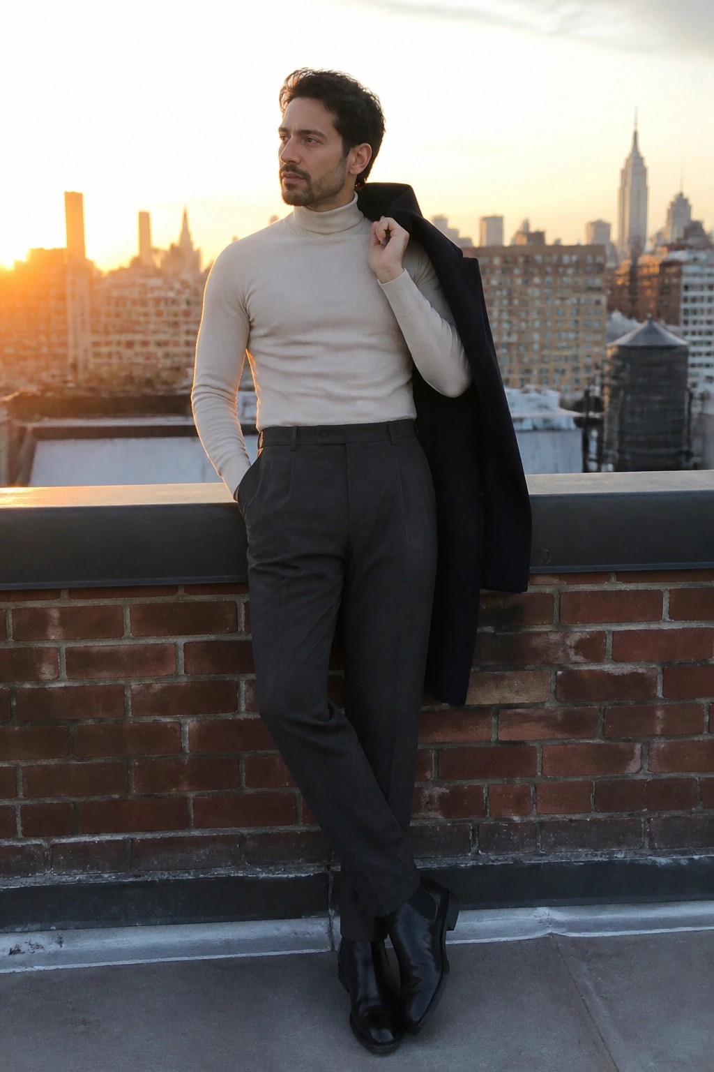 Man in beige turtleneck holding dark coat on rooftop with city skyline at sunset