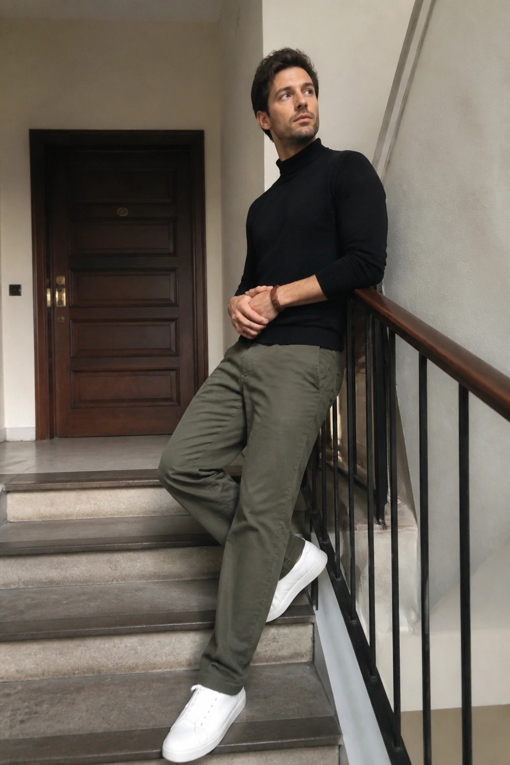 Man in black turtleneck and olive pants leaning on staircase railing.