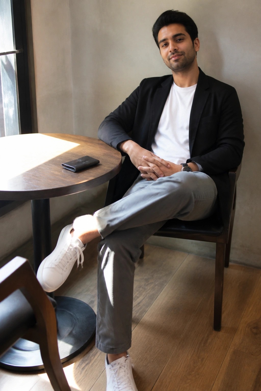 Man in black blazer, white tee, gray pants seated at round wooden table