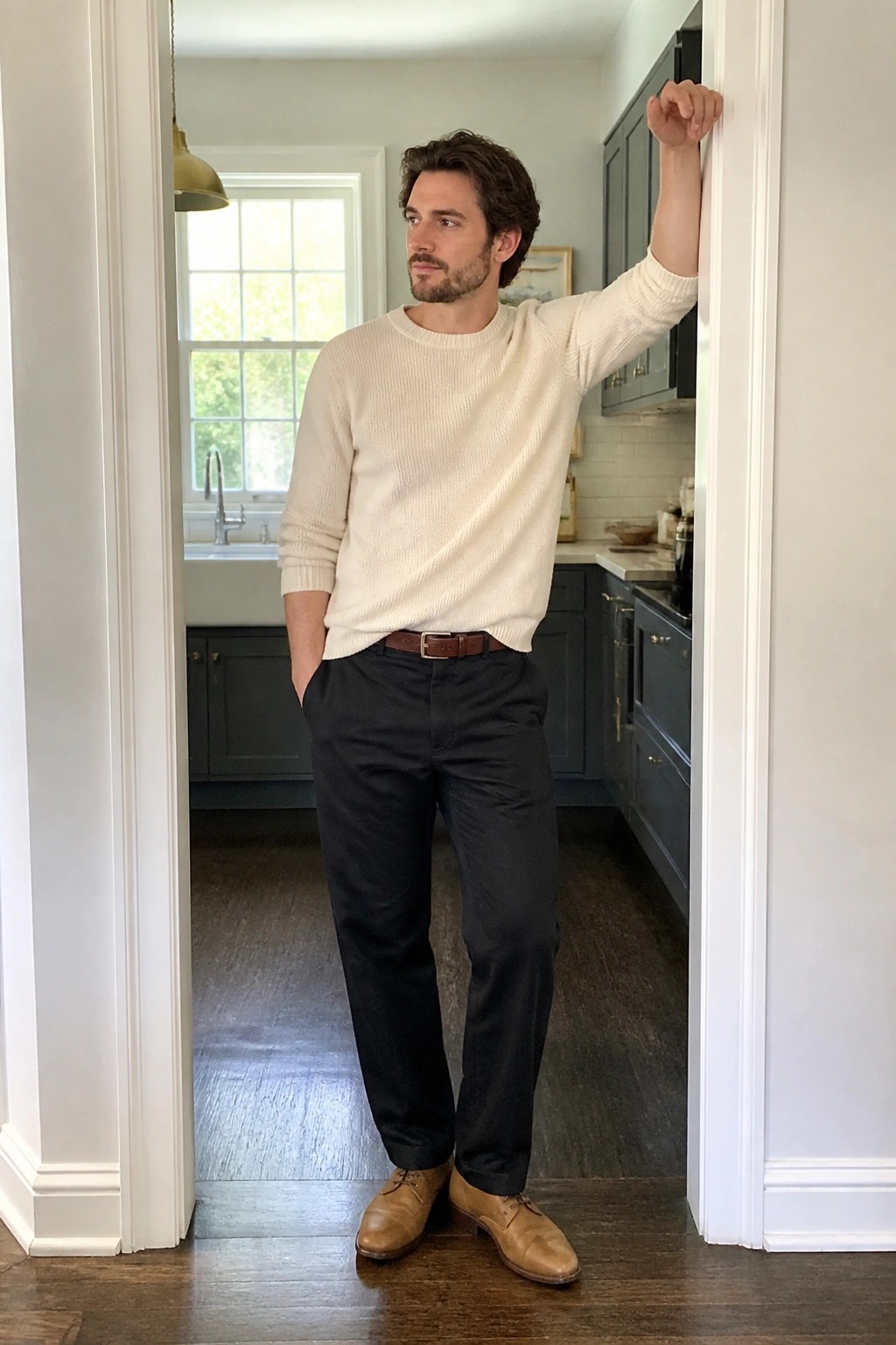 Man in cream sweater leaning in kitchen doorway with hand raised.
