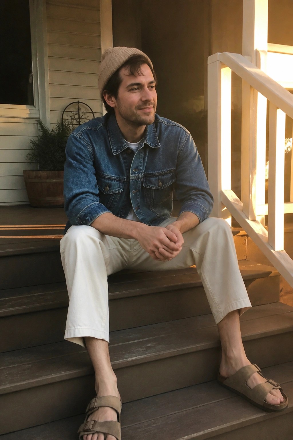 Man in denim jacket and beanie sitting on wooden porch steps.