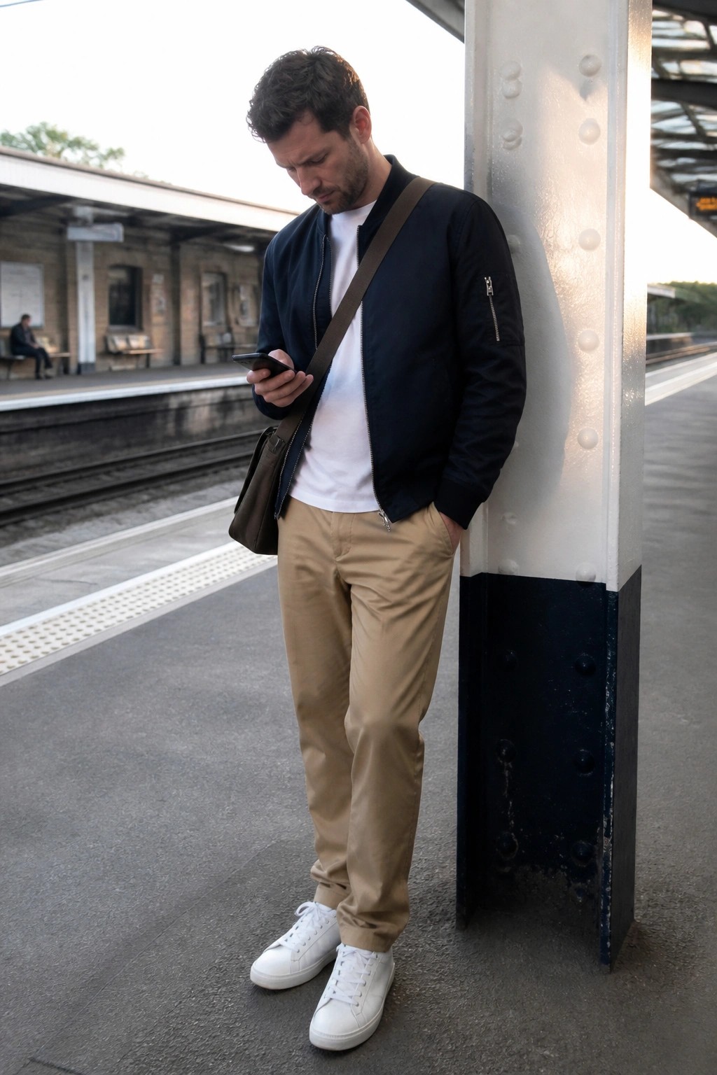 Man in navy bomber jacket checks phone while leaning on train platform pillar