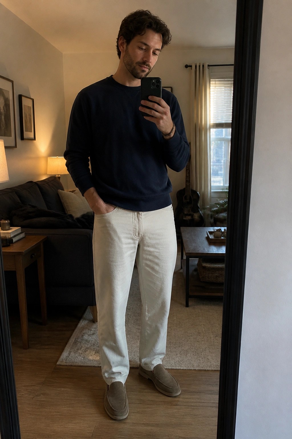 Man wearing a navy crewneck sweatshirt tucked slightly into white relaxed straight leg pants with taupe suede loafers while holding a phone for a mirror selfie in a living room setting.