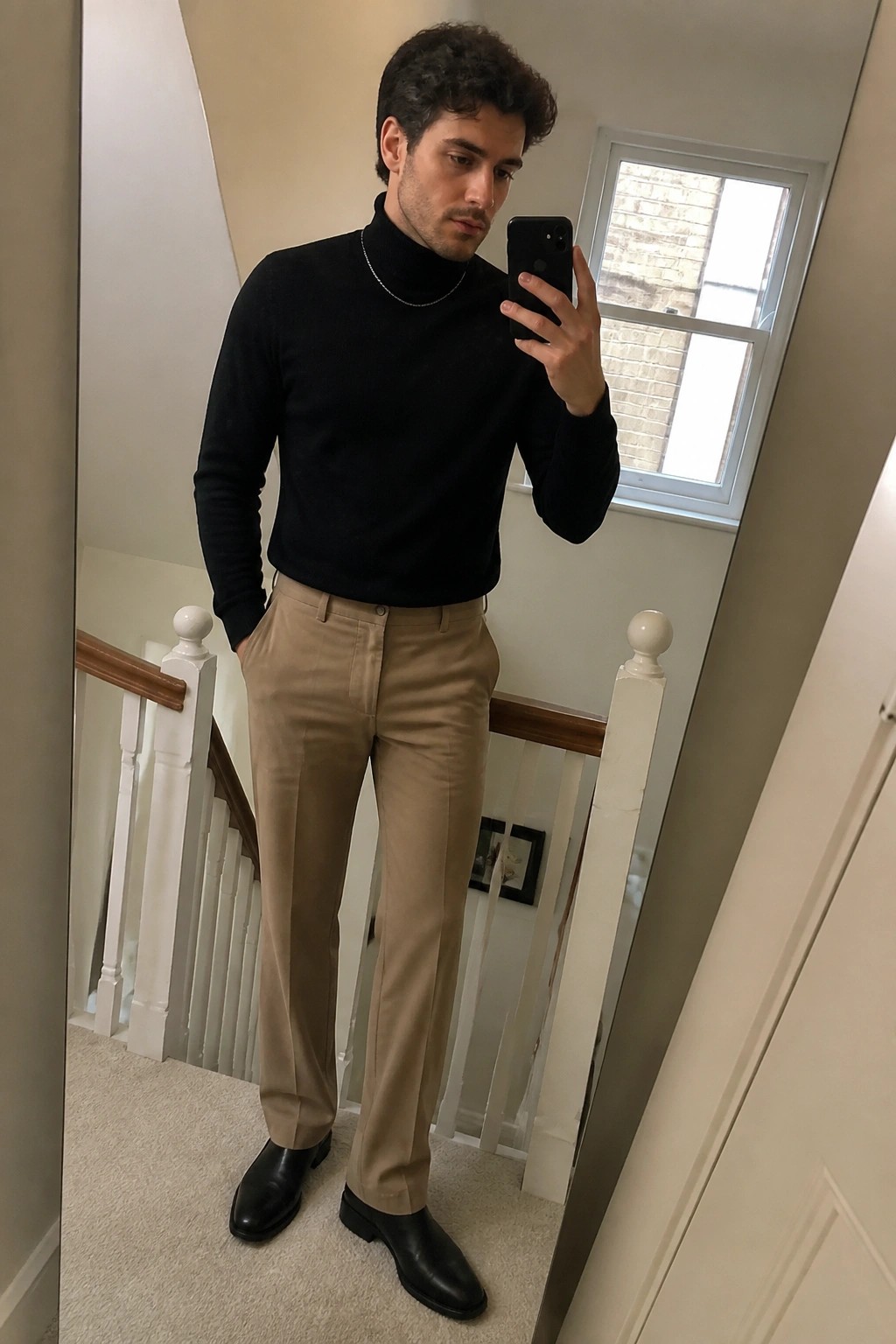 Man in black turtleneck and beige pants taking mirror selfie on stairs