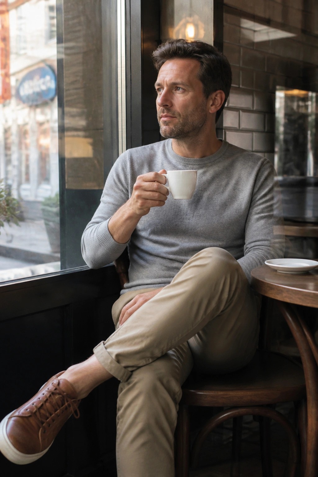 Man in gray sweater holding white cup by cafe window, legs crossed
