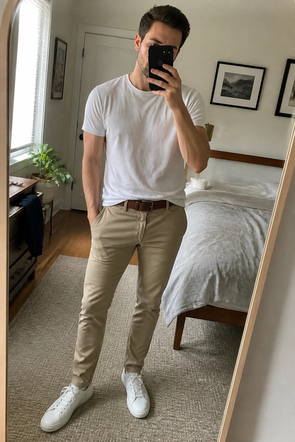 Man in white t-shirt and khaki pants taking mirror selfie in bedroom