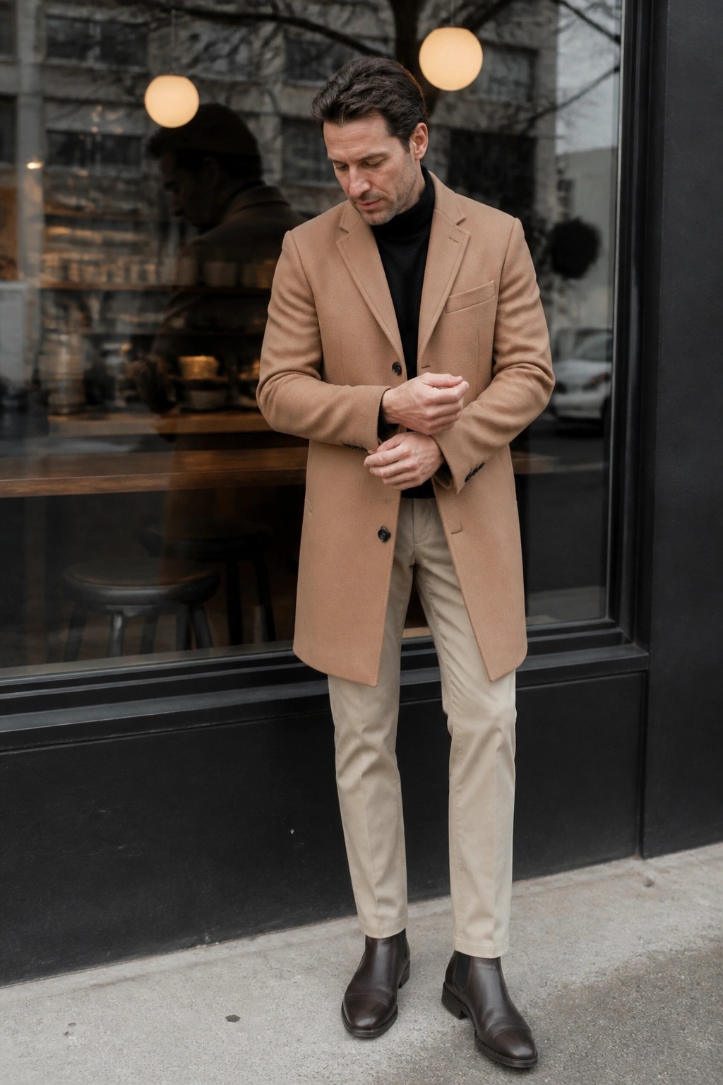 Man wearing khaki pants, camel wool coat, black turtleneck, and brown Chelsea boots standing in front of a shop window.