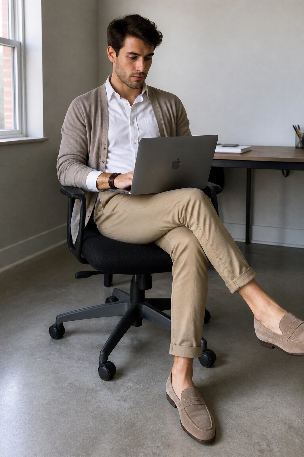 Man in beige cardigan and trousers using laptop in black office chair