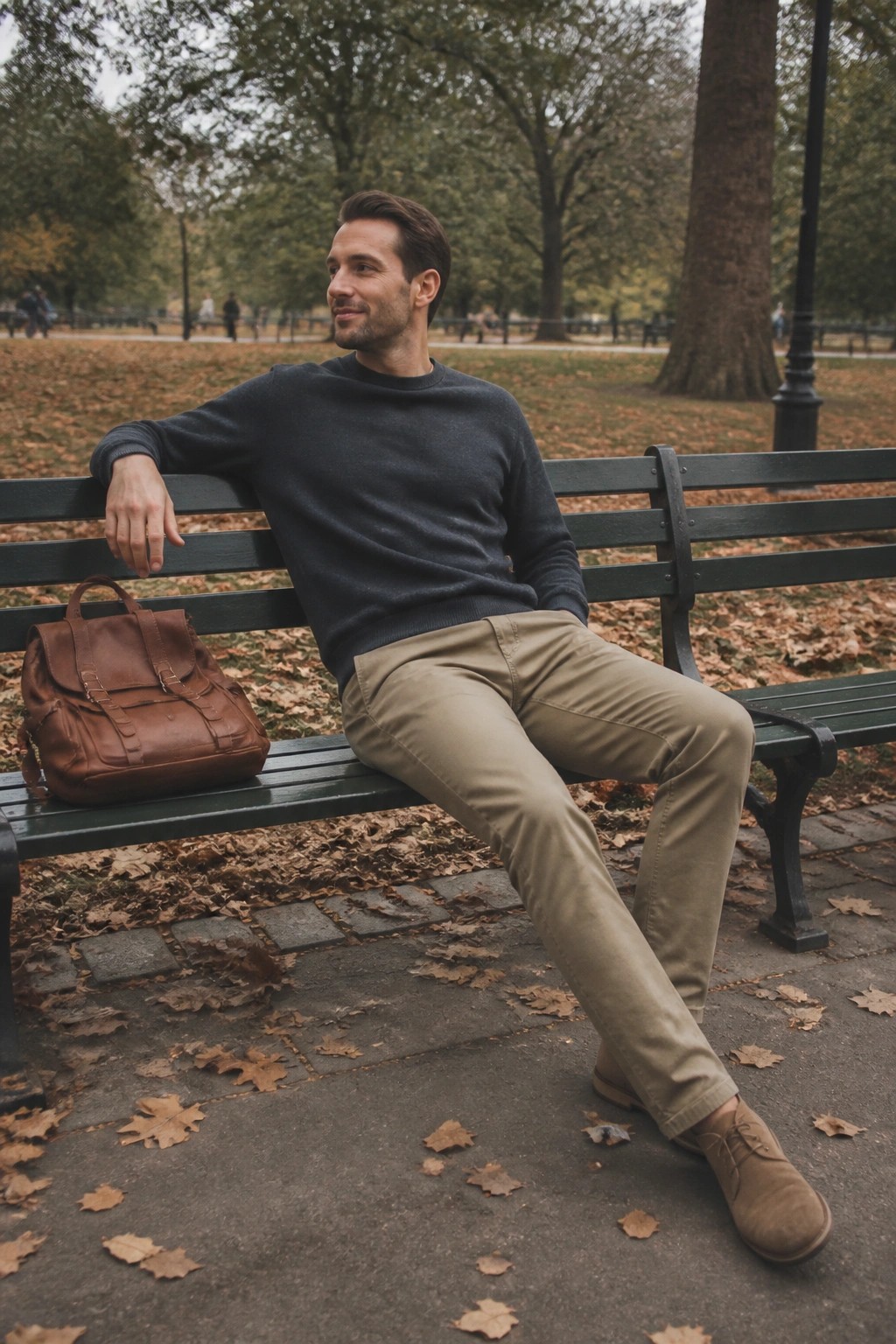 Man in gray sweater on green bench with brown leather bag in autumn park