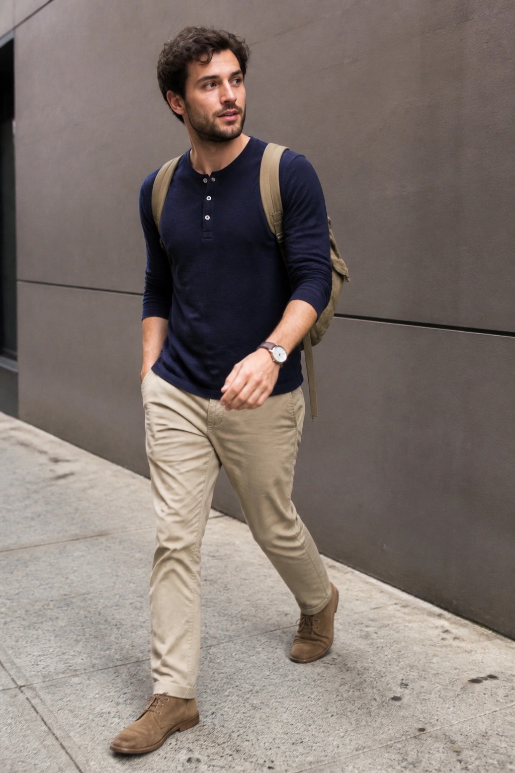 Man in navy henley shirt and khaki pants with backpack on sidewalk.