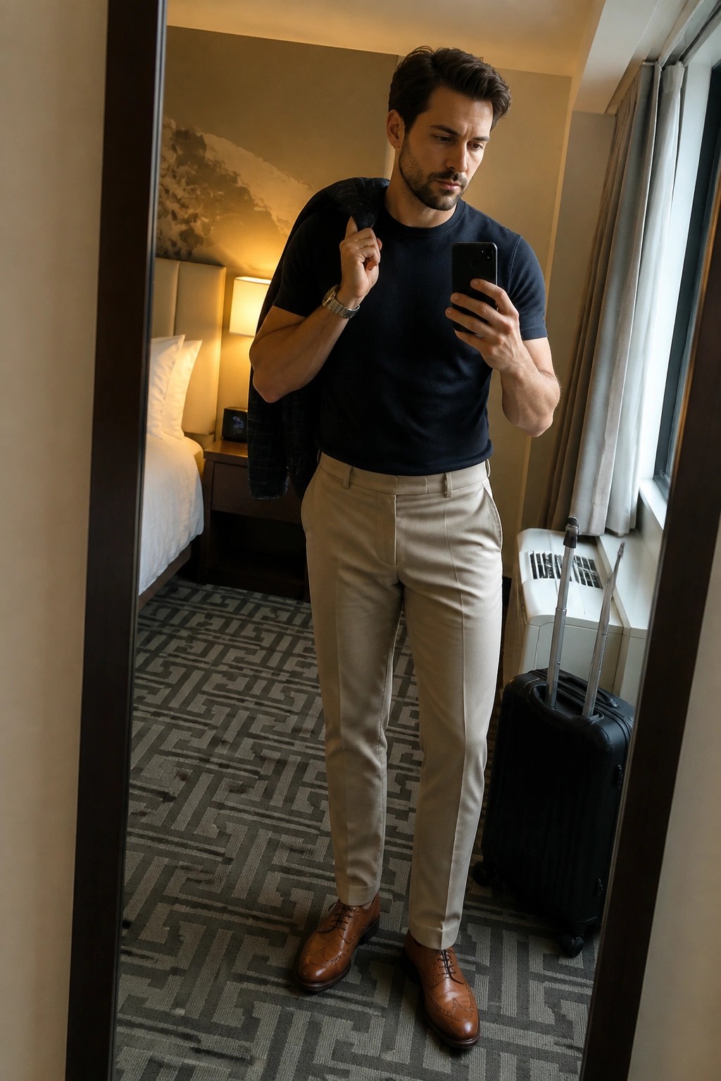 Man in navy t-shirt and beige pants taking mirror selfie in hotel room with suitcase