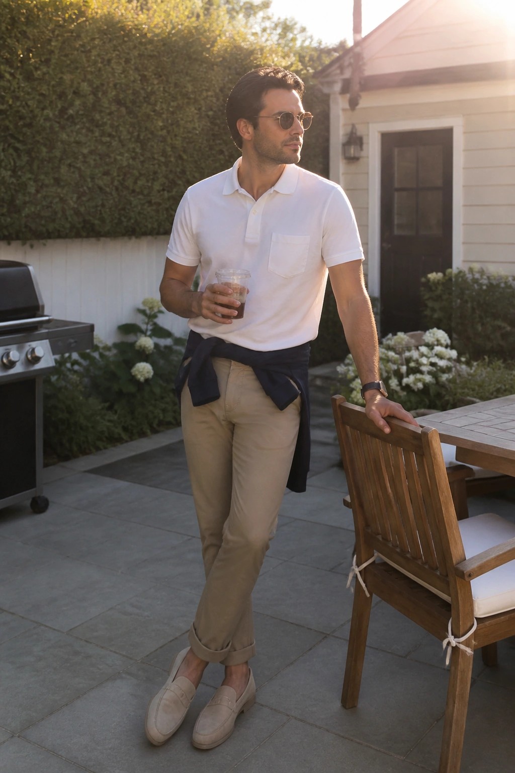 Man in white polo shirt holding drink on sunny patio with sweater tied at waist.