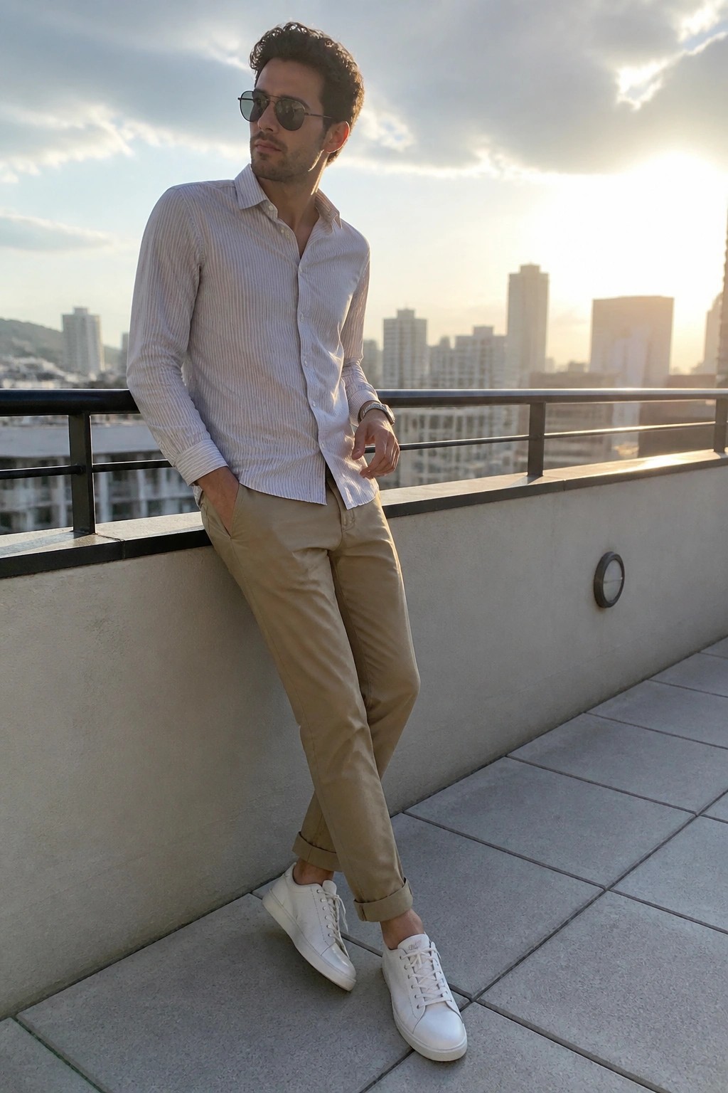 Man in striped shirt and khaki pants leaning on balcony at sunset.