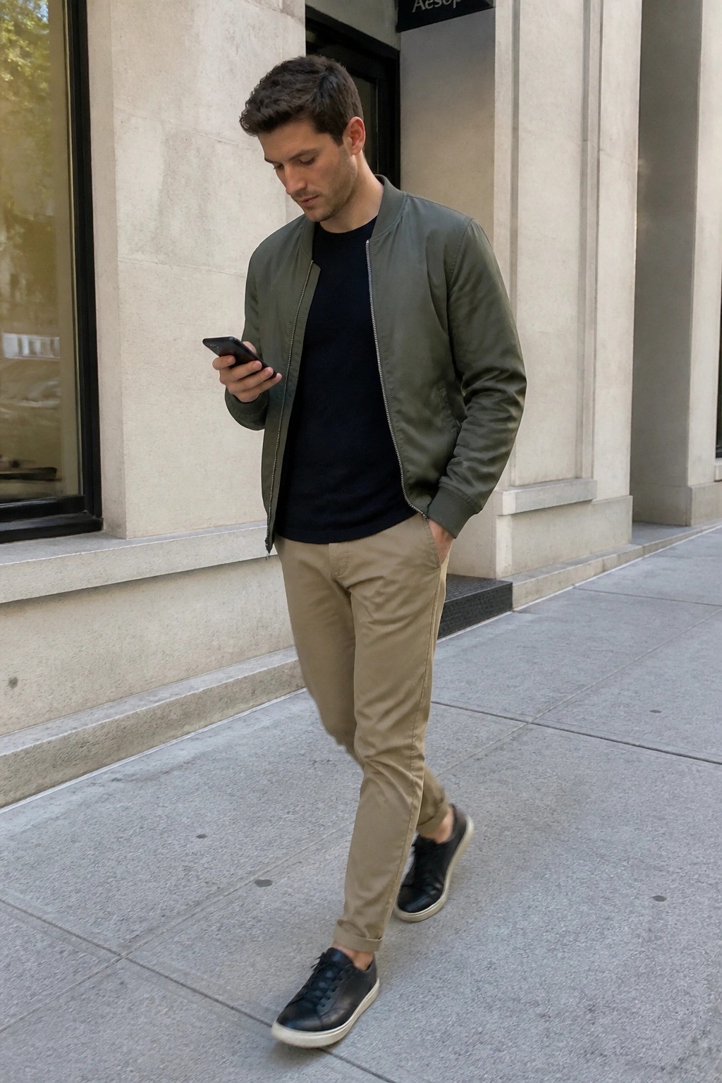 Man in olive bomber jacket, black t-shirt, khaki pants and black sneakers standing on sidewalk while checking phone