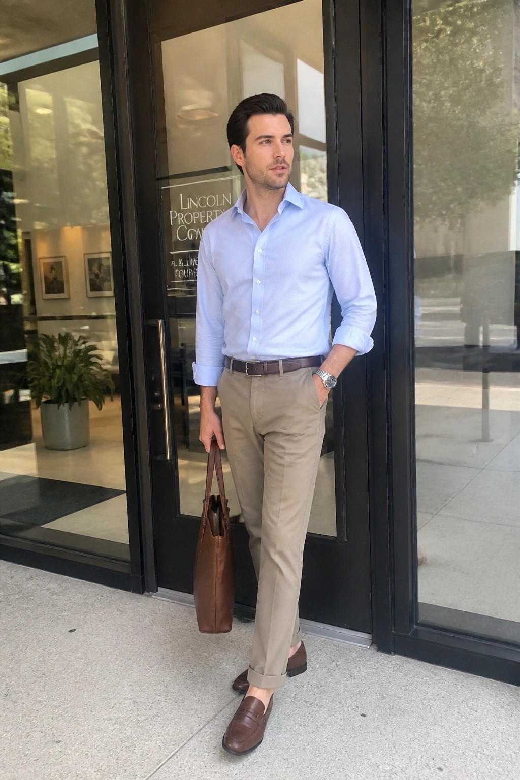Stylish man in blue shirt and khaki pants holding brown leather bag at building entrance.