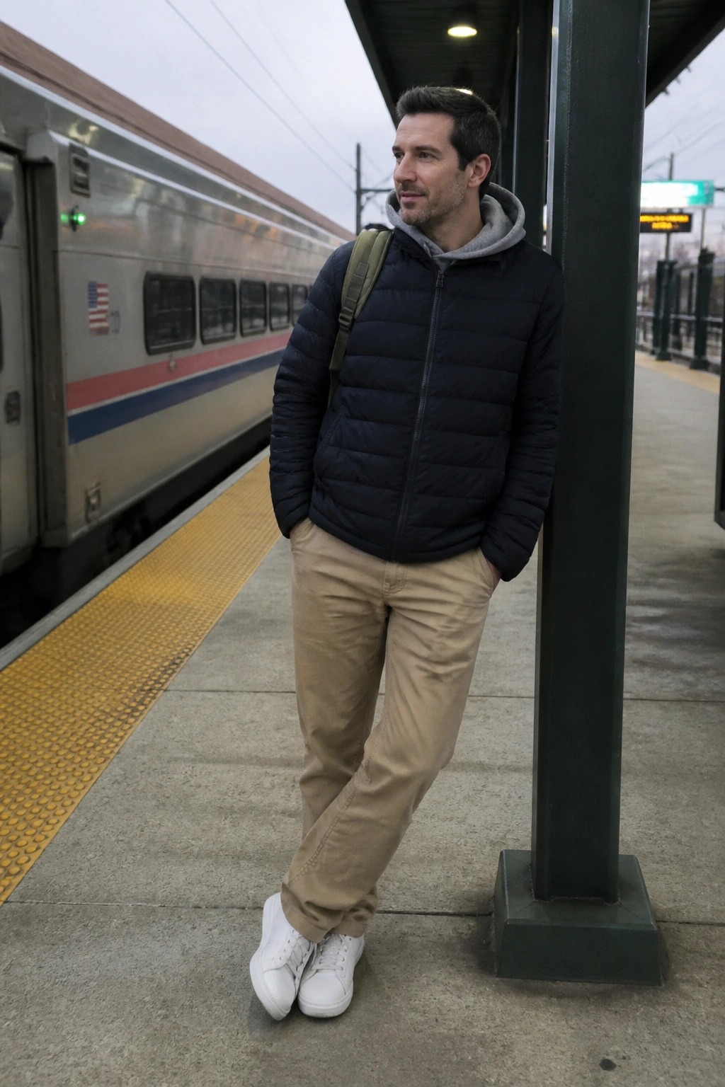 Man wearing navy puffer jacket over gray hoodie, khaki pants, and white sneakers standing casually on a train platform with a backpack strap visible.