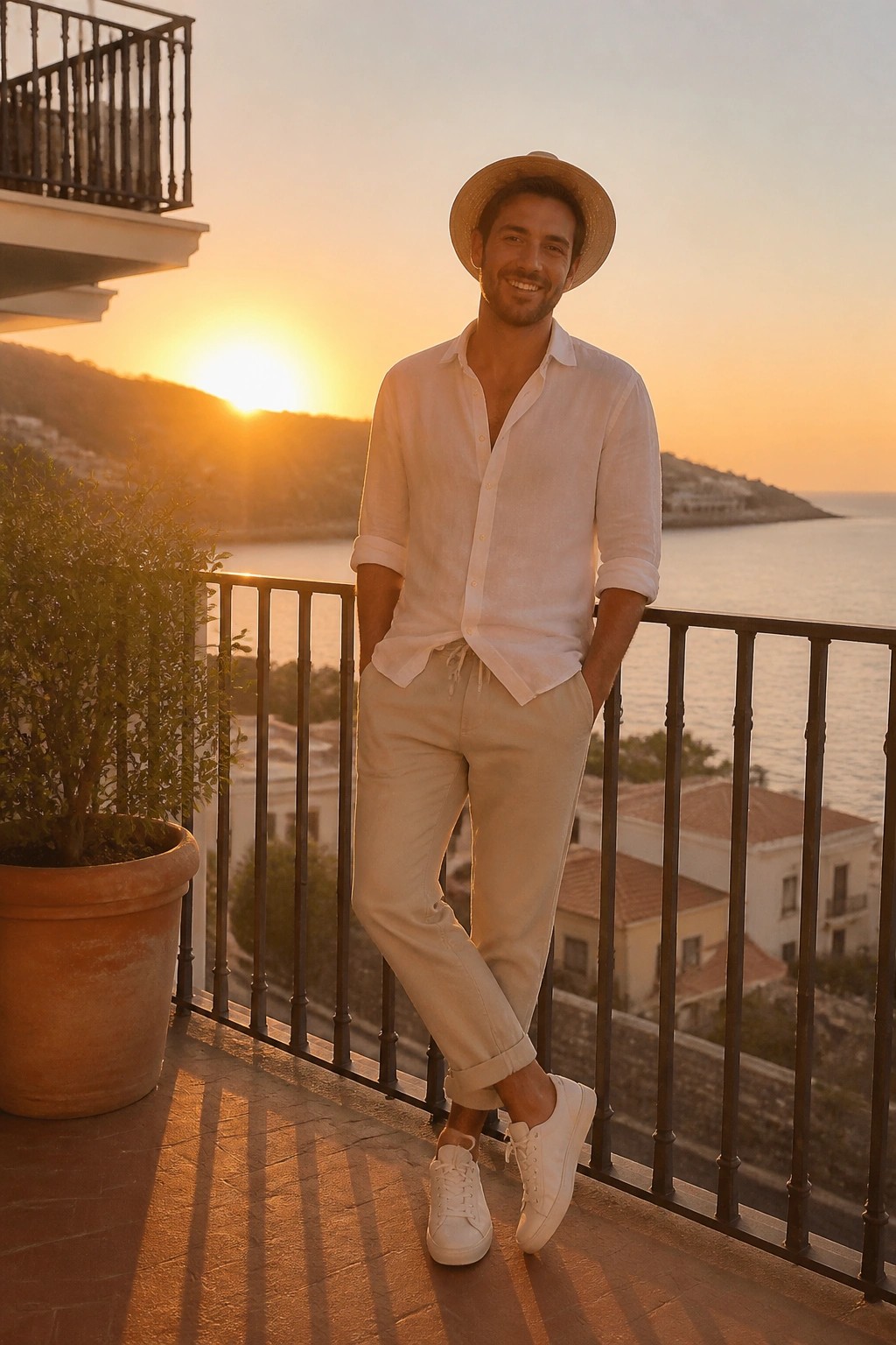 Man in white shirt and straw hat smiling on seaside balcony at sunset