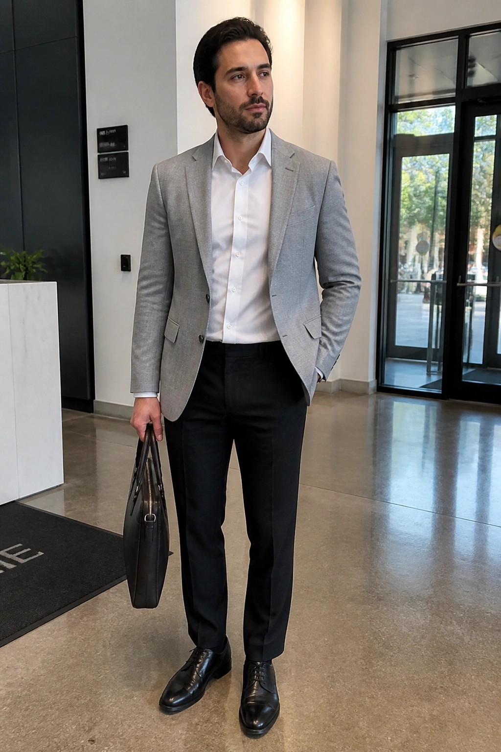 Man in gray blazer and black pants holding leather briefcase in modern lobby