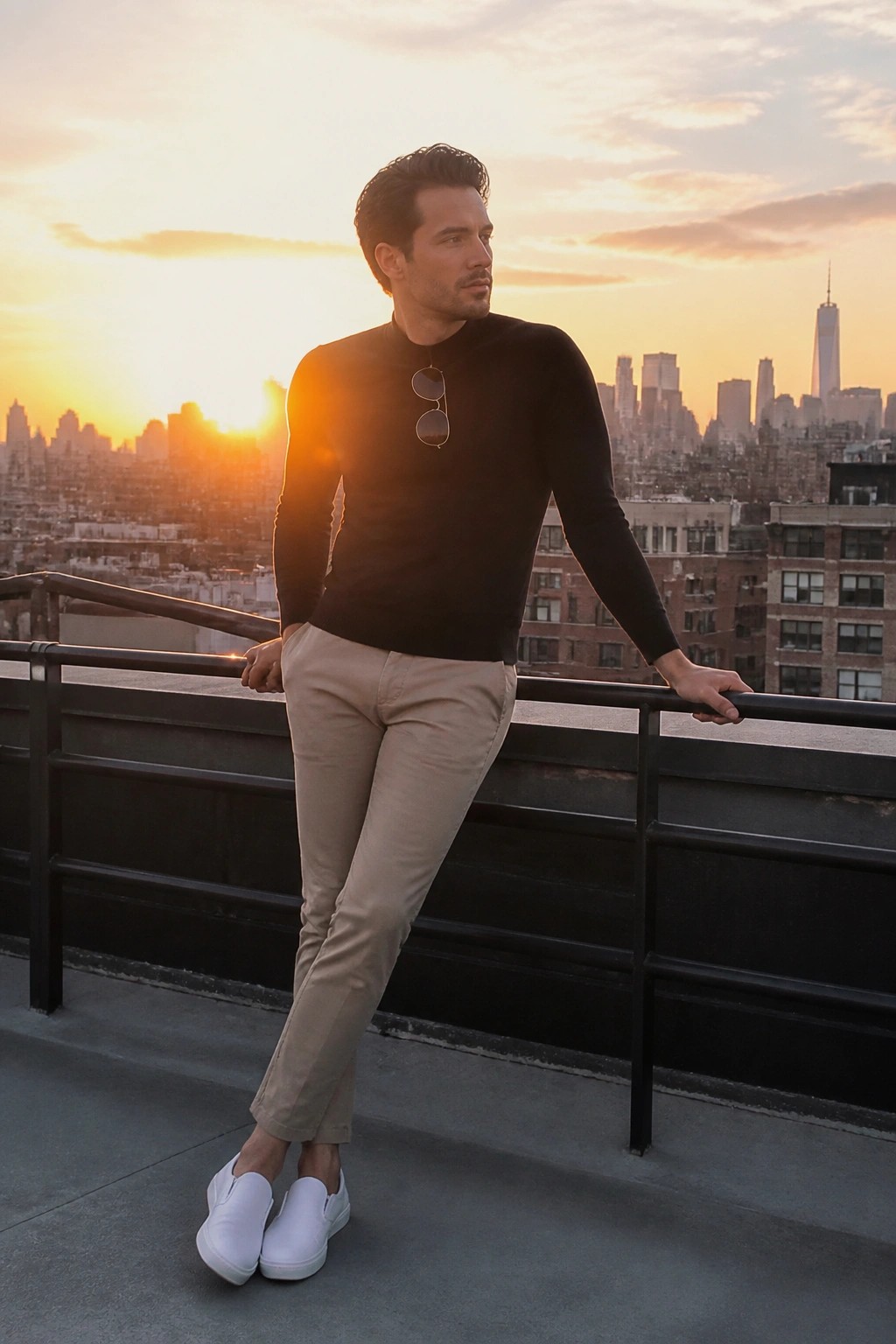 Man in black shirt and beige pants leaning on railing at sunset city skyline