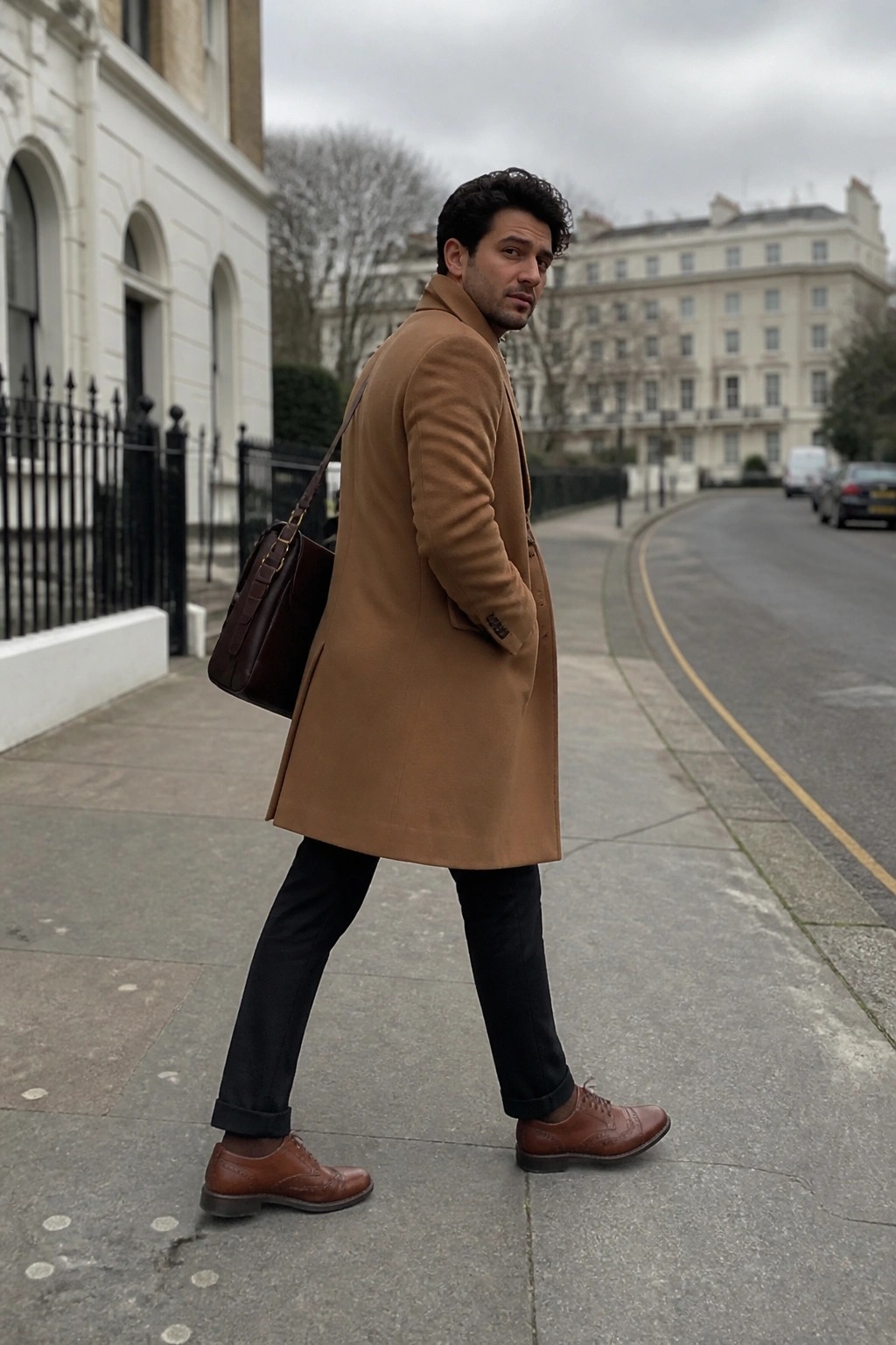 Man wearing a camel wool overcoat, black cuffed trousers, brown leather brogue shoes and carrying a brown leather bag over one shoulder on a city street.