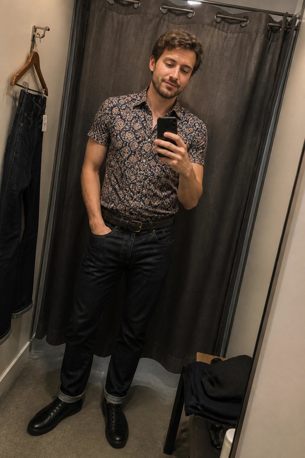 Man in patterned shirt and cuffed jeans taking mirror selfie in fitting room