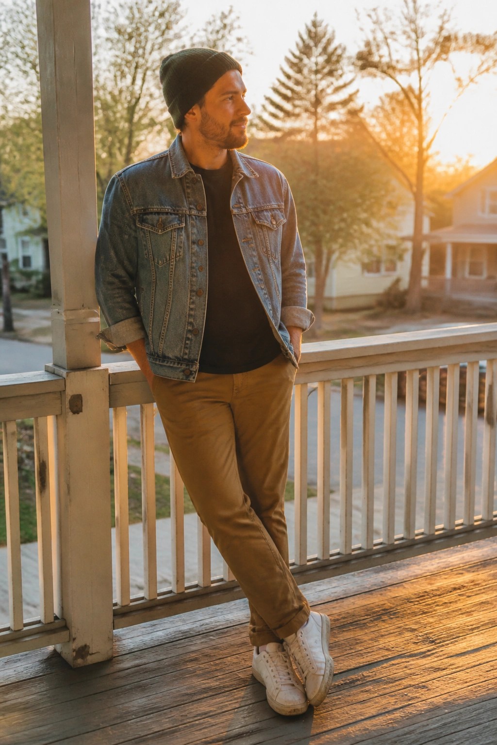 Man in beanie and denim jacket leaning on porch at sunset