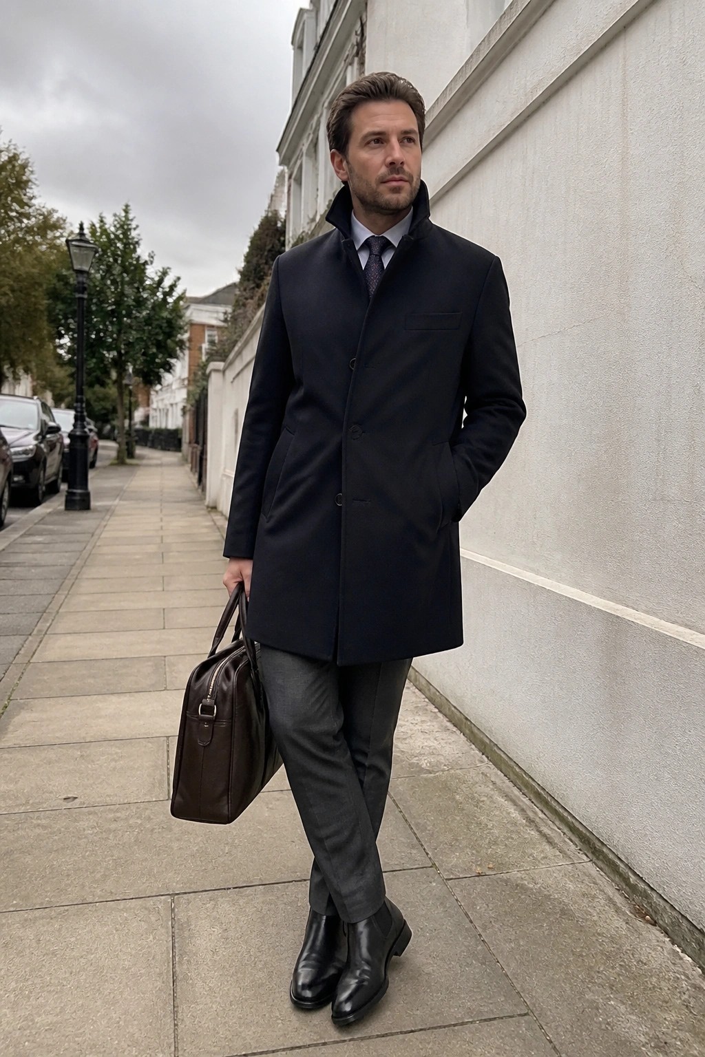 Man in navy overcoat holding brown leather bag on city sidewalk
