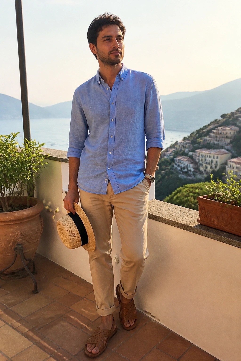 Man in blue shirt and beige pants holding straw hat on scenic balcony