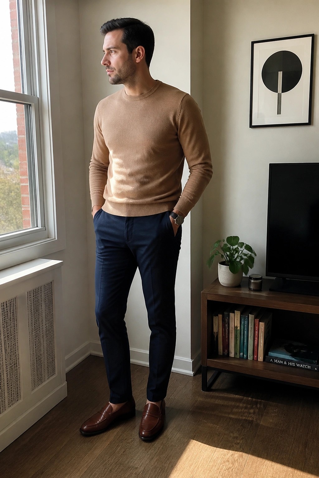 Man wearing a tan crewneck sweater tucked into slim navy pants with brown leather loafers and a wristwatch standing indoors near a window.