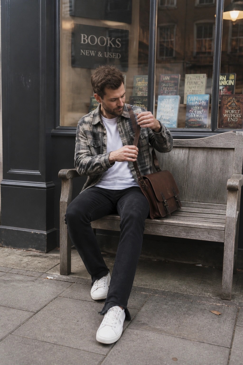 Man in plaid shirt adjusting brown leather bag strap on bench outside bookstore.