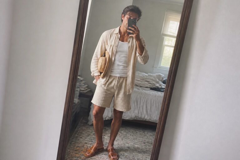 Man in beige linen shirt and green shorts taking mirror selfie with straw hat