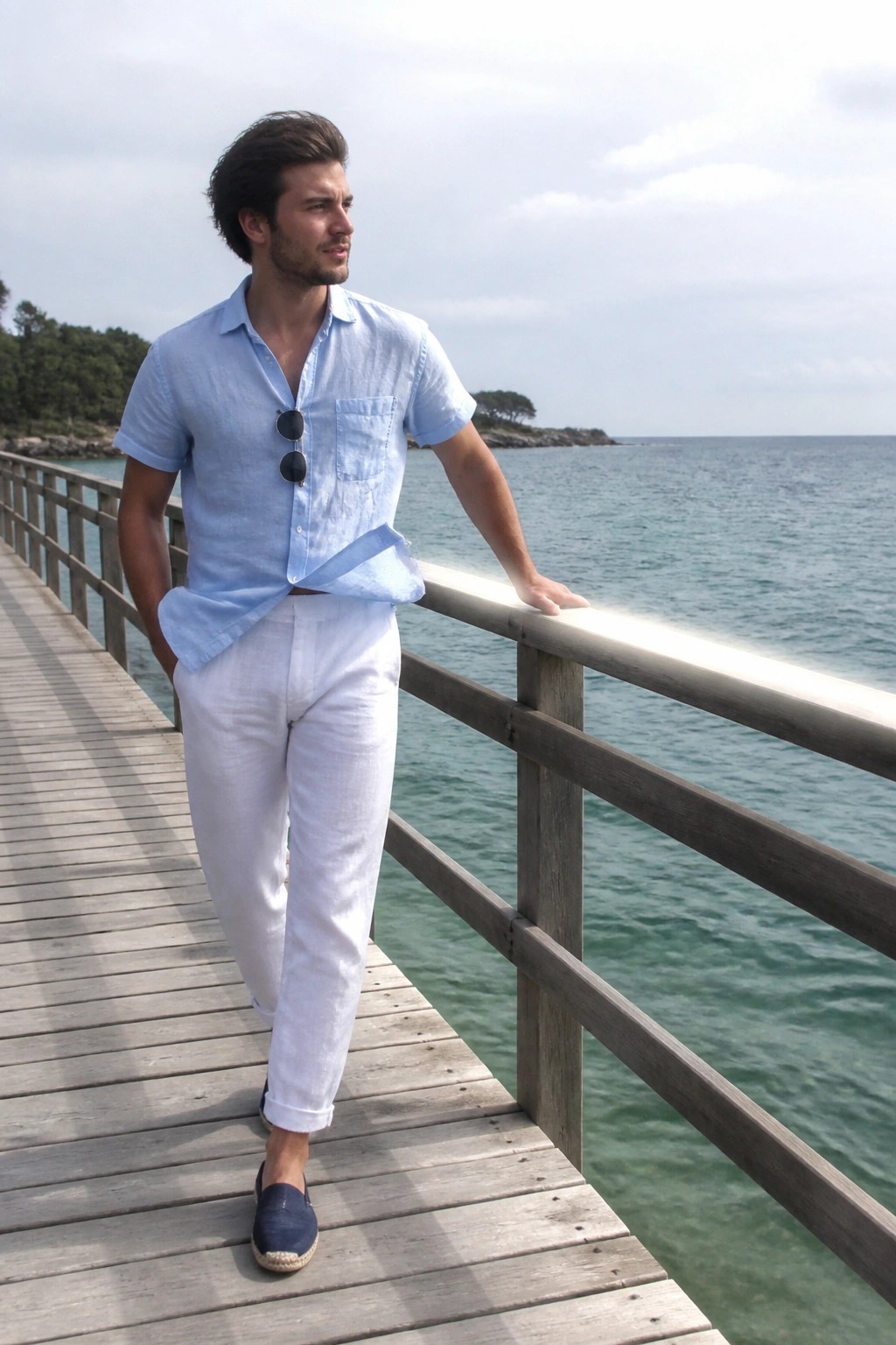 Man in light blue shirt and white pants leaning on seaside wooden railing