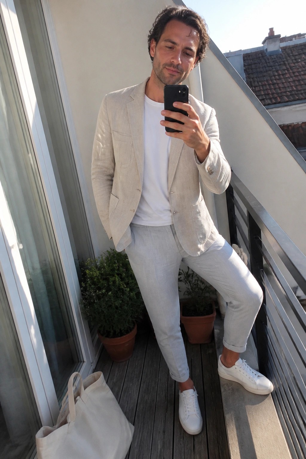 Man in beige linen suit taking selfie on sunny wooden balcony