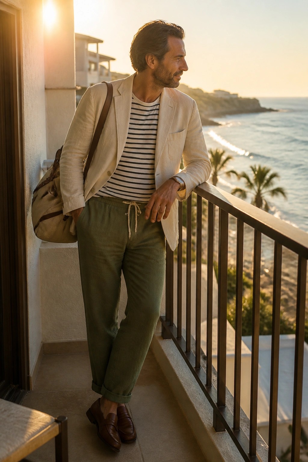 Man in cream blazer and green pants with bag on ocean-view balcony at sunset