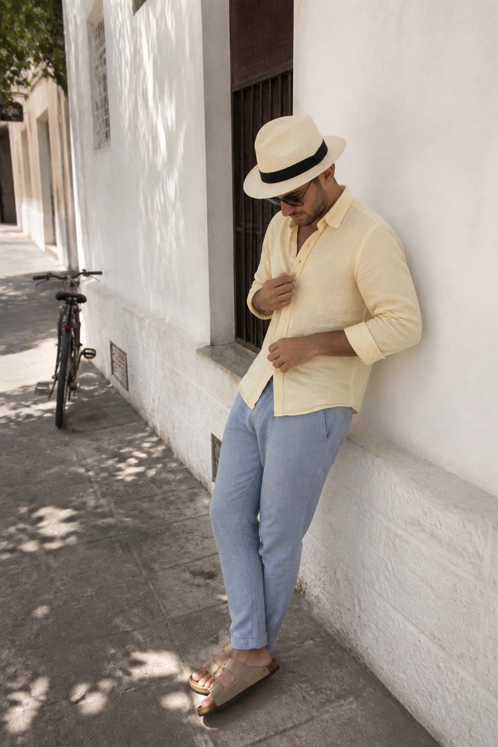 Man in yellow shirt and straw hat leaning against white wall on sunny street