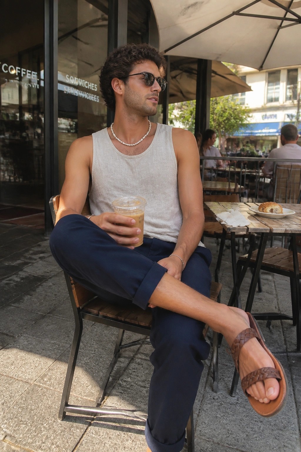Man in tank top and sunglasses holding iced coffee at outdoor cafe table