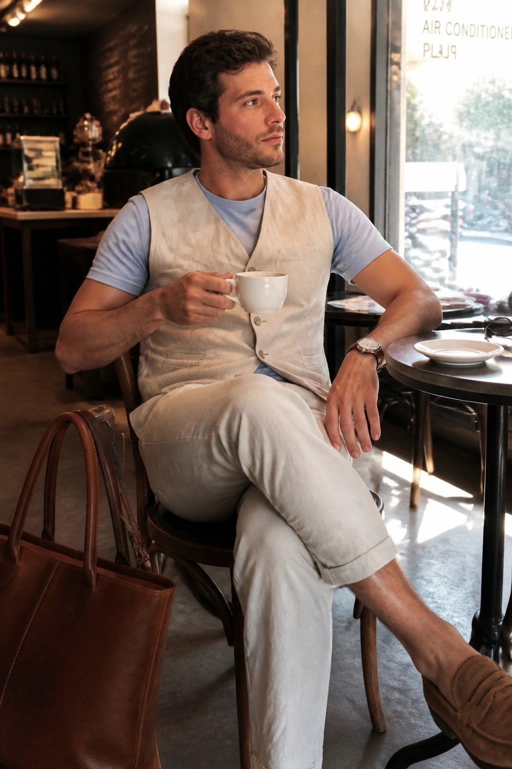 Man seated in a cafe wearing a light blue short-sleeve tee under a beige linen vest, matching beige linen trousers cuffed at the ankles, brown suede loafers, a brown leather tote bag nearby, and a wristwatch while holding a white coffee cup.