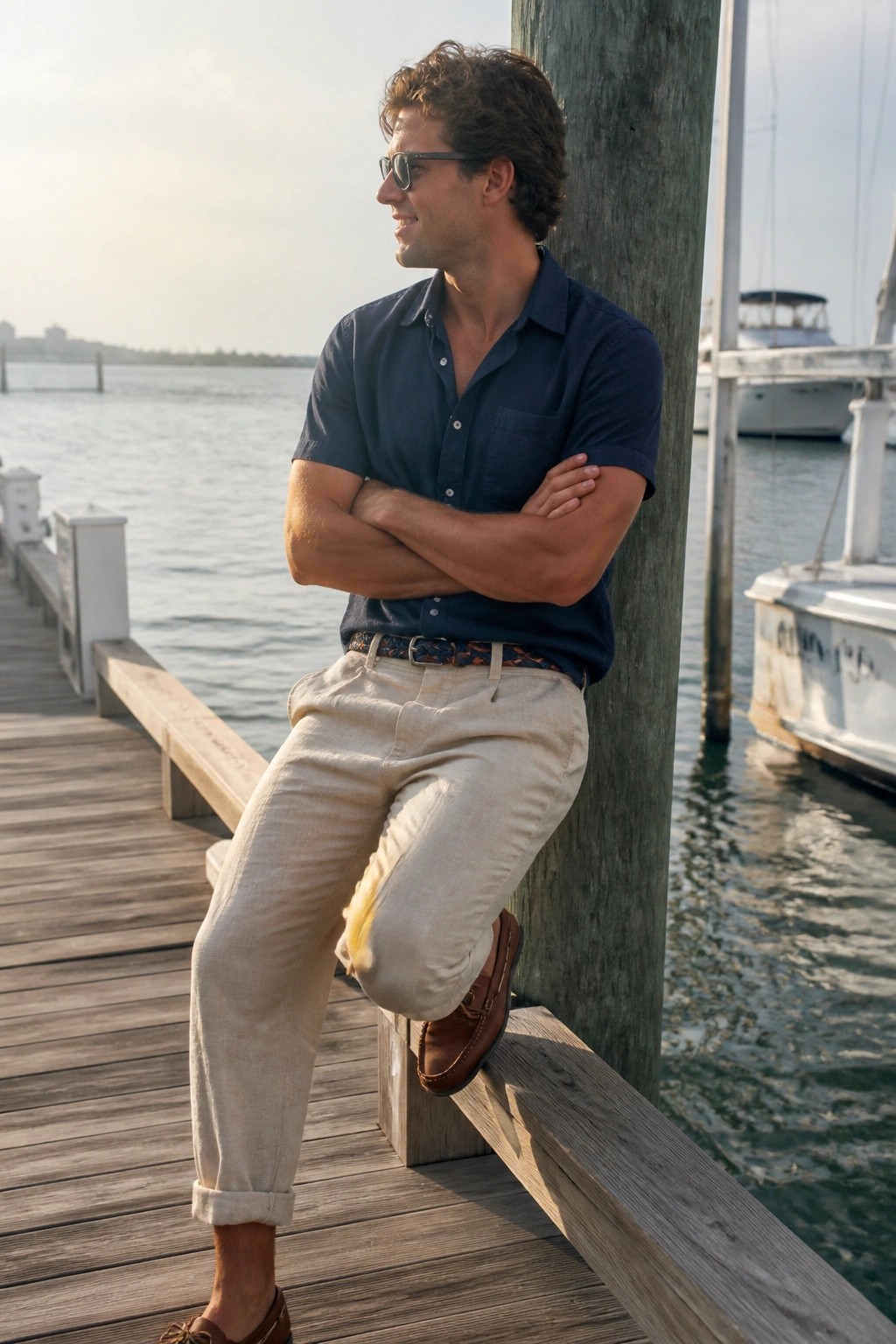 Man wearing a navy short sleeve button down shirt tucked into cuffed beige linen pants with a patterned belt and brown boat shoes while leaning against a wooden post on a dock.