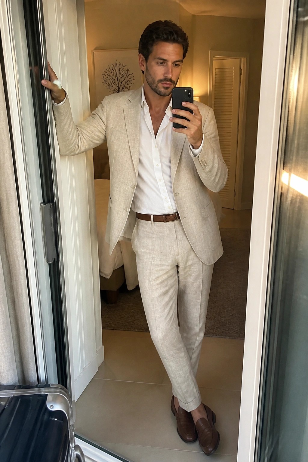 Man in beige linen suit taking mirror selfie in hotel room with suitcase.