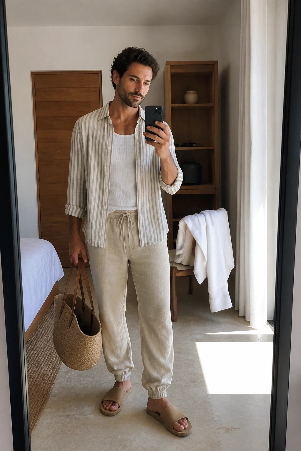 Man in striped shirt and beige pants taking mirror selfie with straw bag