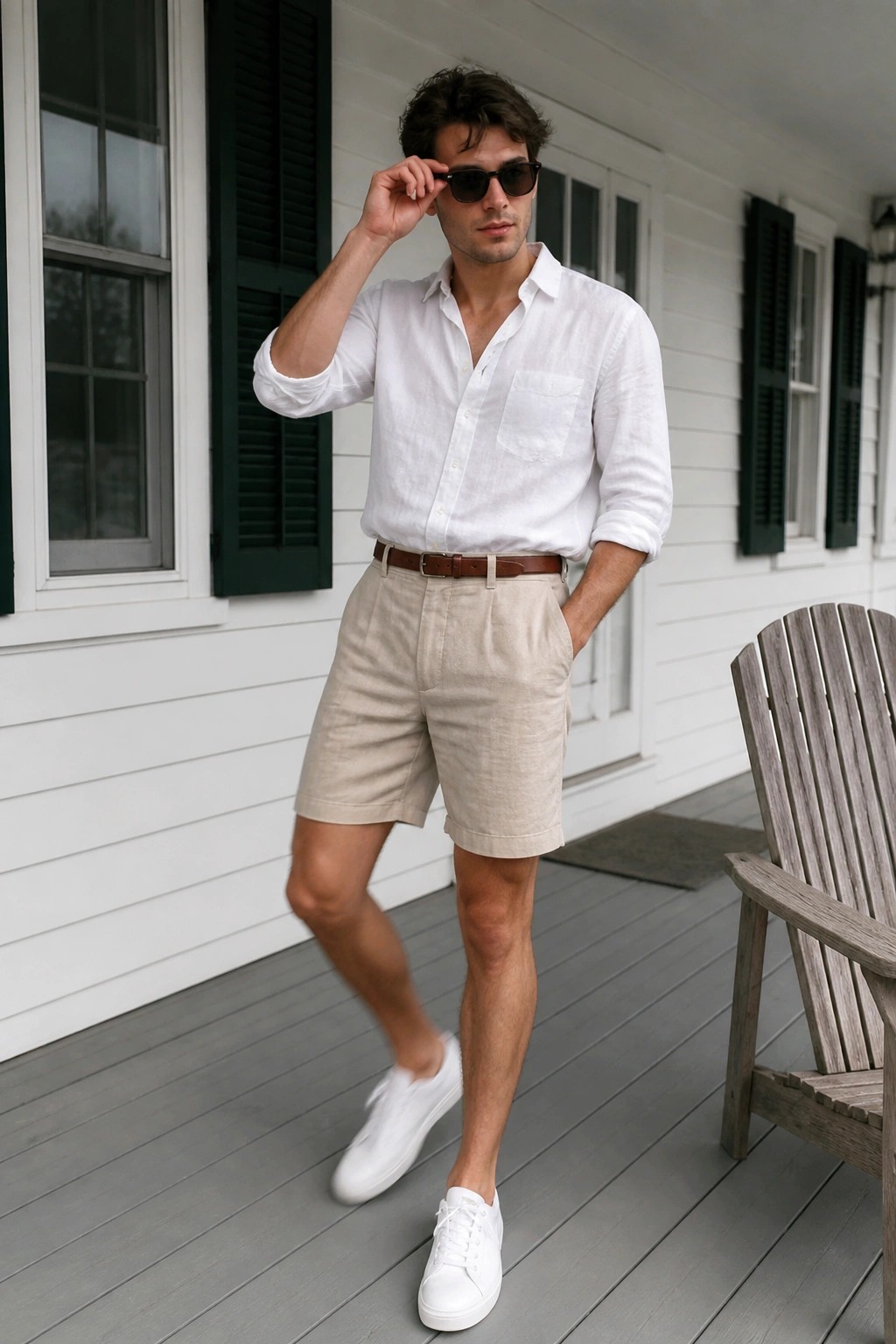 Man in white shirt and beige shorts adjusting sunglasses on wooden porch