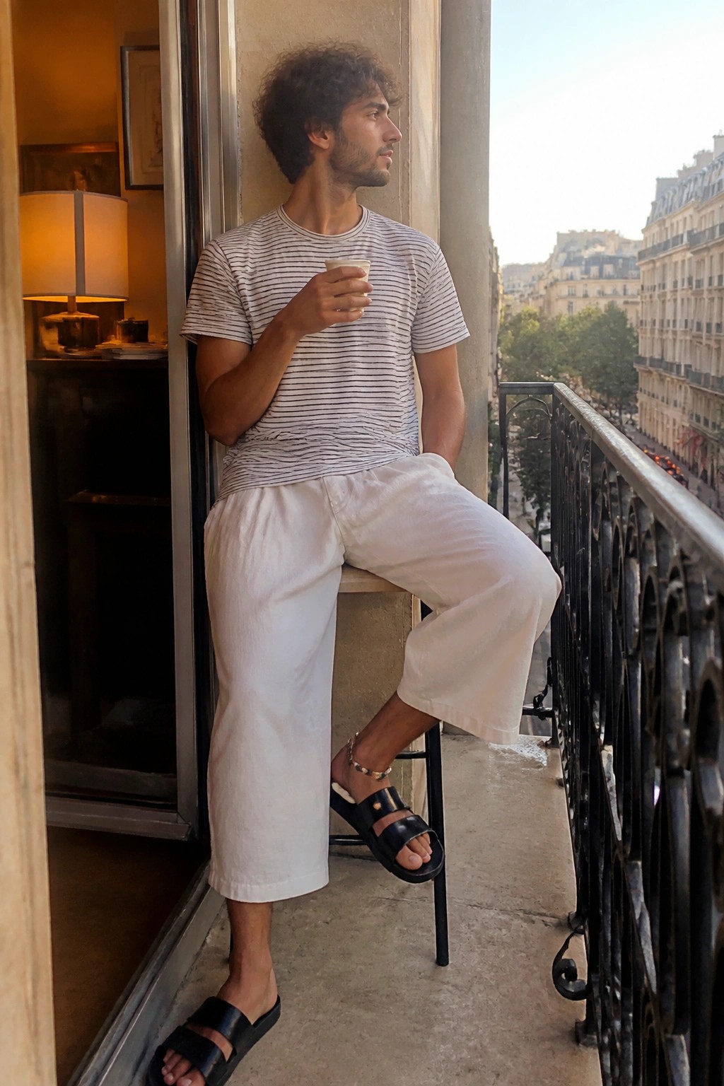 Man in striped shirt and white pants holding cup on city balcony